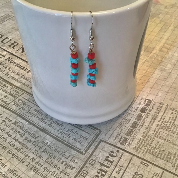Southwestern turquoise and red corral earrings - Picture 3 of 3